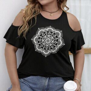 Shein Plus Cold Shoulder Floral Tee Size 4XL Black Mandala Boho Top Casual Loose